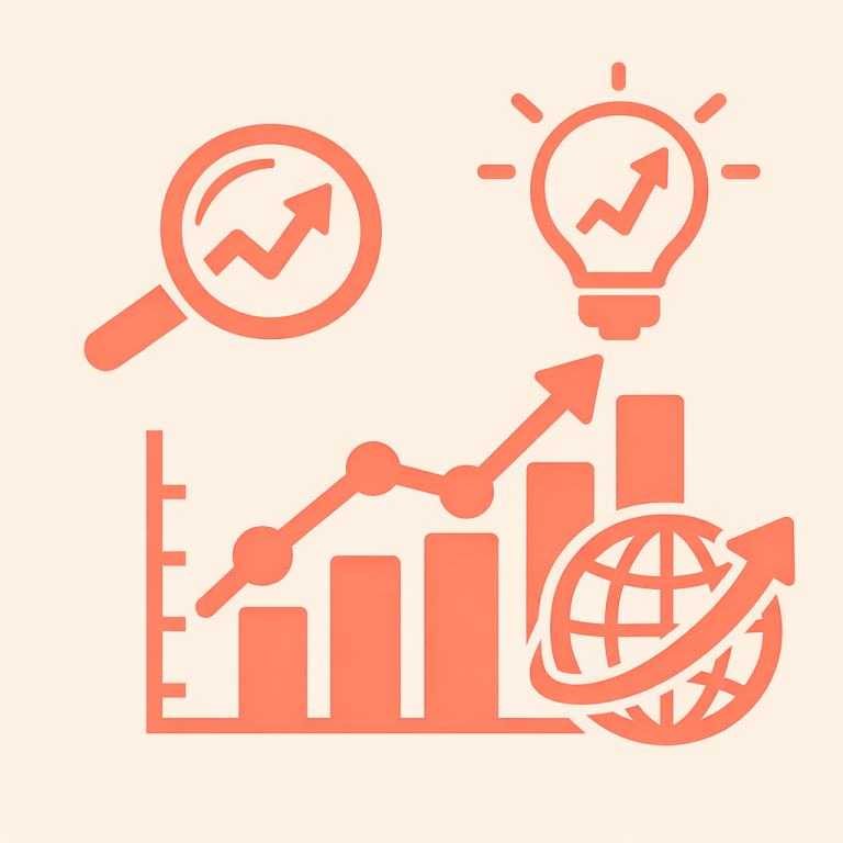Rapports des Tendances Graphique de croissance avec une loupe, une ampoule et un globe terrestre.