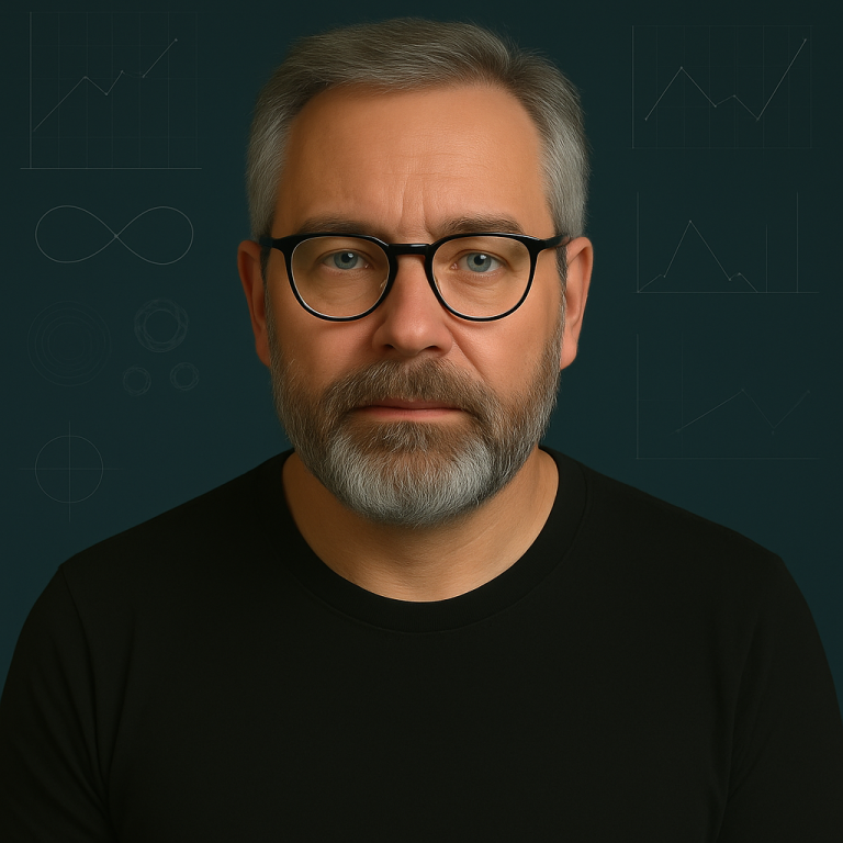 Empedokles Homme avec des lunettes, barbe grise, portant un t-shirt noir sur fond sombre.