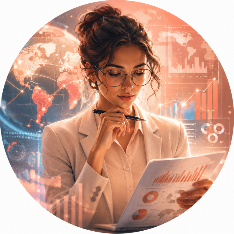 Femme en tenue professionnelle, analysant des données avec un globe derrière elle.