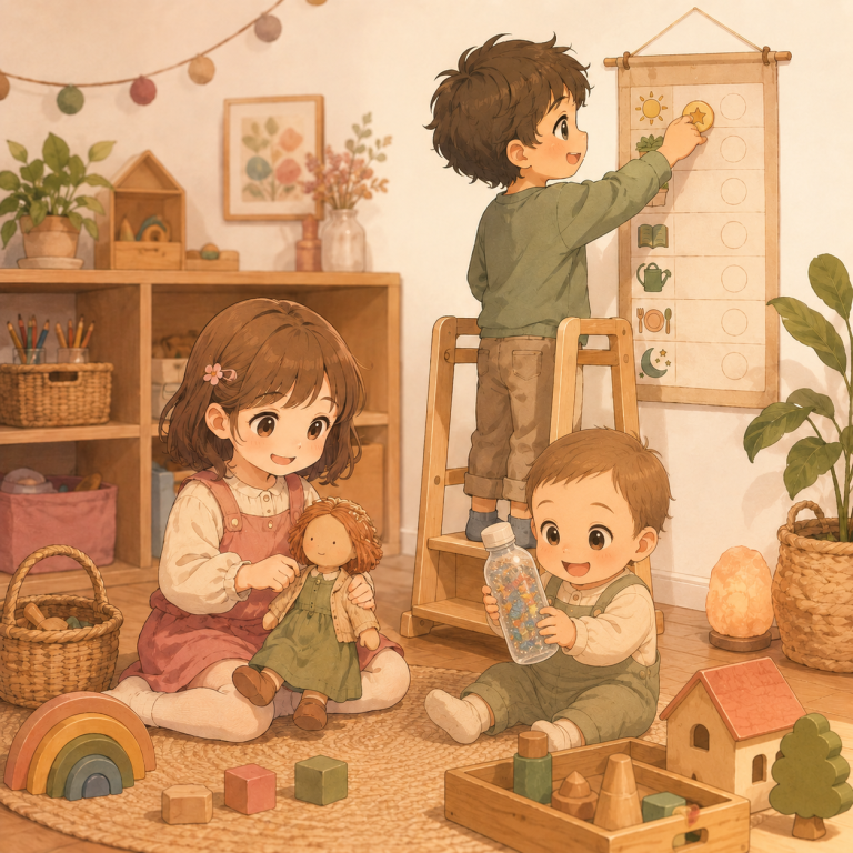 Jouet Pédagogique Trois enfants jouent dans une salle de jeux colorée, entourés de jouets et de décorations.
