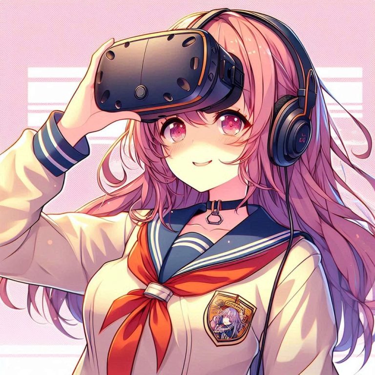 Culture Geek Fille aux cheveux roses portant un casque de réalité virtuelle avec un sourire.