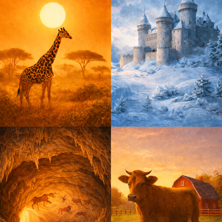 Loisirs Naturels & Culturels Un collage de paysages : une girafe, un château, une cave et une vache près d'une grange.