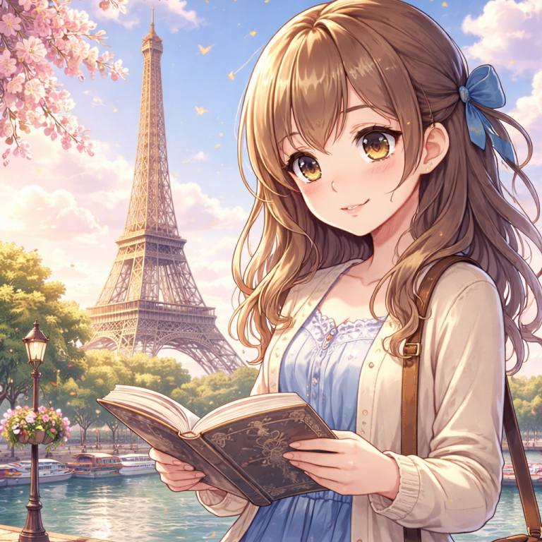 Biens Culturels Jeune femme souriante avec un livre, fond de la Tour Eiffel et arbres en fleurs.