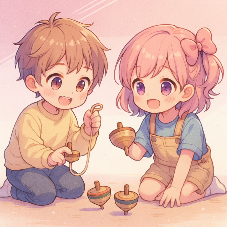 Les Enfants Deux enfants souriants jouent avec des toupies au sol.