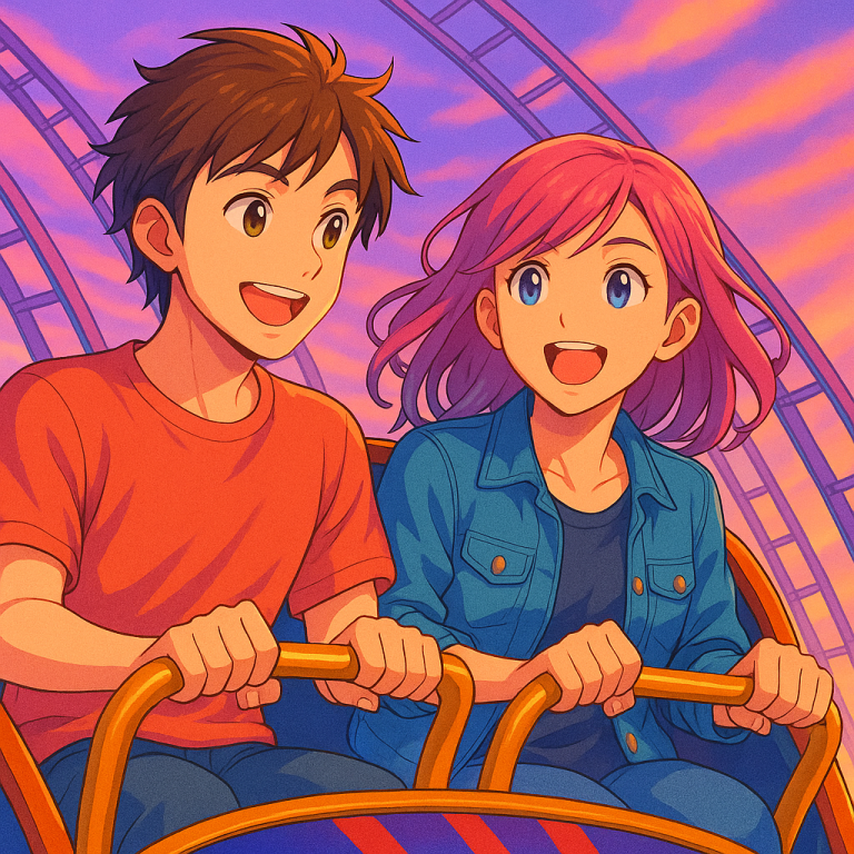 Loisirs de Plein Air Deux jeunes amis souriants sur une montagne russe, avec un coucher de soleil coloré.