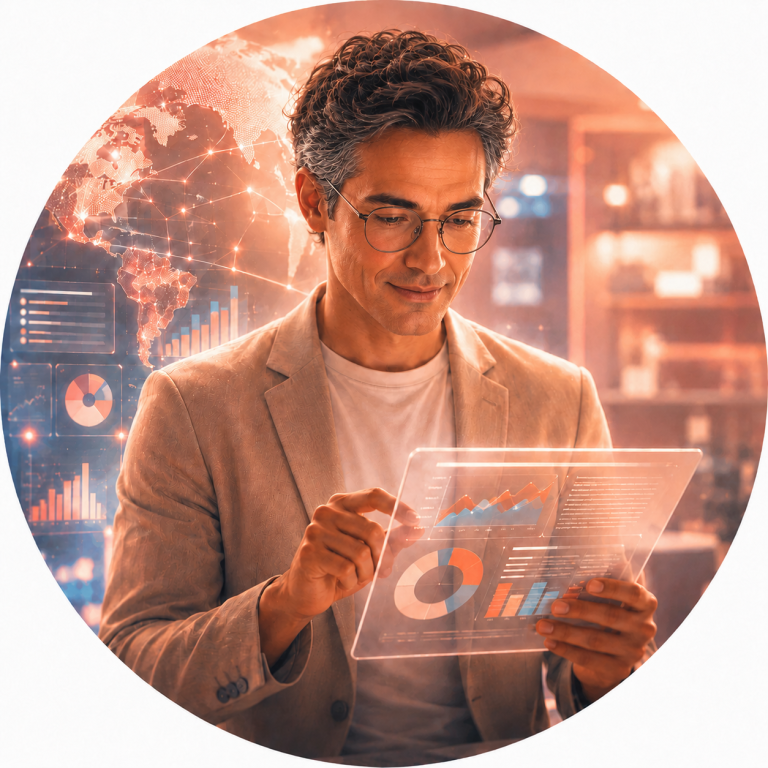 Homme d'affaires souriant utilisant une tablette avec des graphiques en arrière-plan.