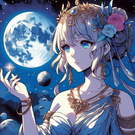 Pop Culture Femme à la chevelure dorée, portant des fleurs et des bijoux, sous une lune brillante.