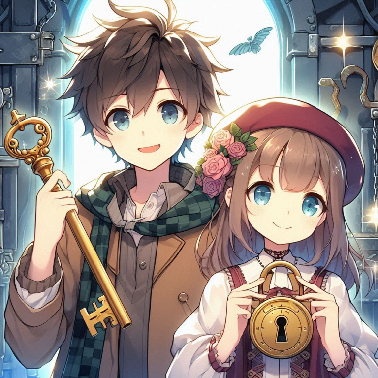 Jeu Evasion Deux enfants souriants, l'un tenant une clé et l'autre un cadenas, dans un décor mystique.