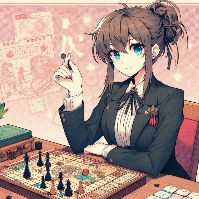 Jeu Moderne Femme aux cheveux bruns, en costume, tenant une pièce d'échecs devant un plateau de jeu.