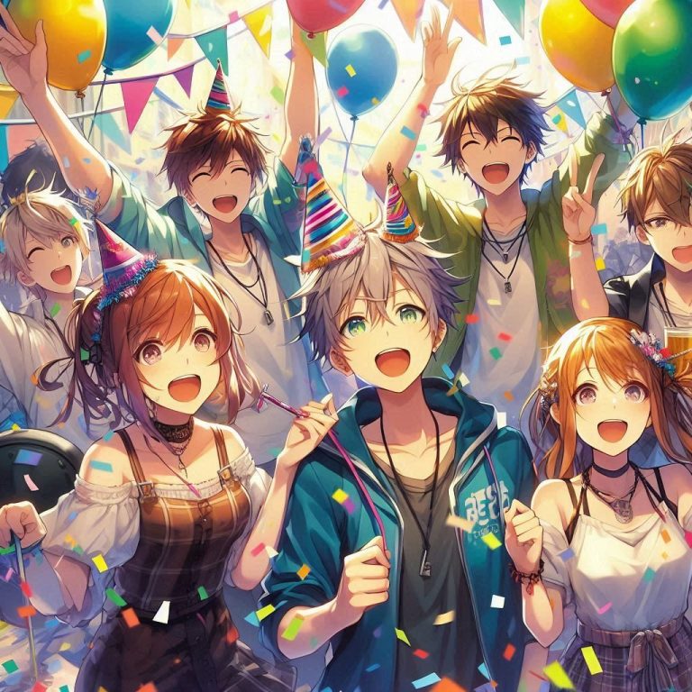 La Fête Groupe de jeunes célébrant avec des chapeaux de fête et des ballons, souriants et joyeux.
