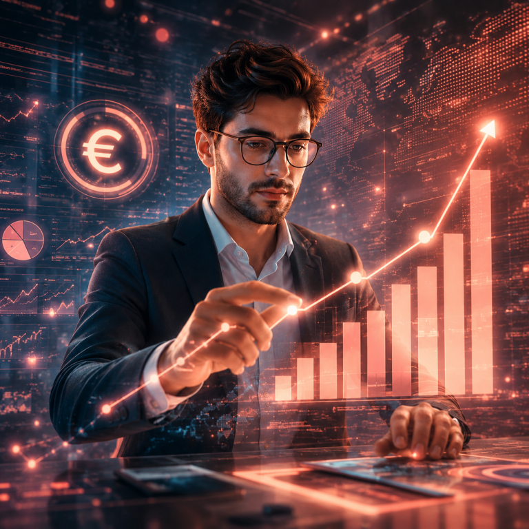 Rapports Un homme d'affaires en costume analysant des graphiques financiers avec des données numériques.