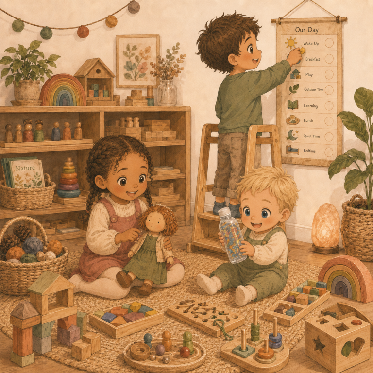 Le Jouet Pédagogique Enfants jouant avec une poupée Waldorf, une bouteille sensorielle, et un tableau de routine autour de cubes Montessori.